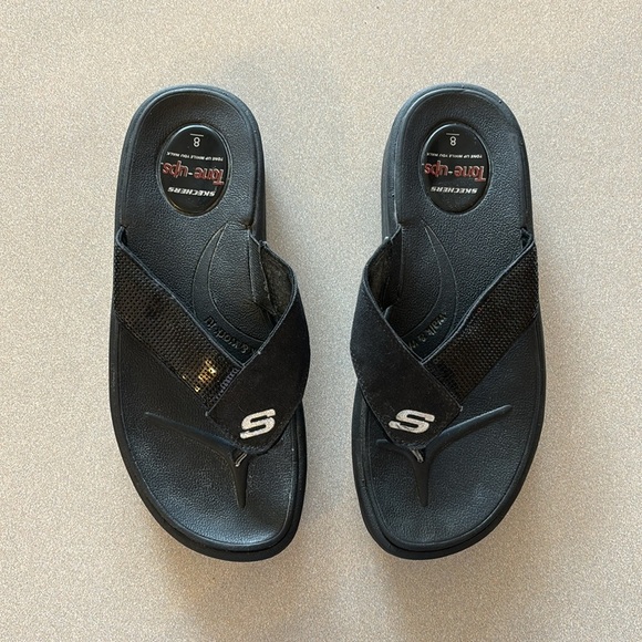 Skechers Tone Ups Black Sequin Platform Flip Sandals - Picture 1 of 8
